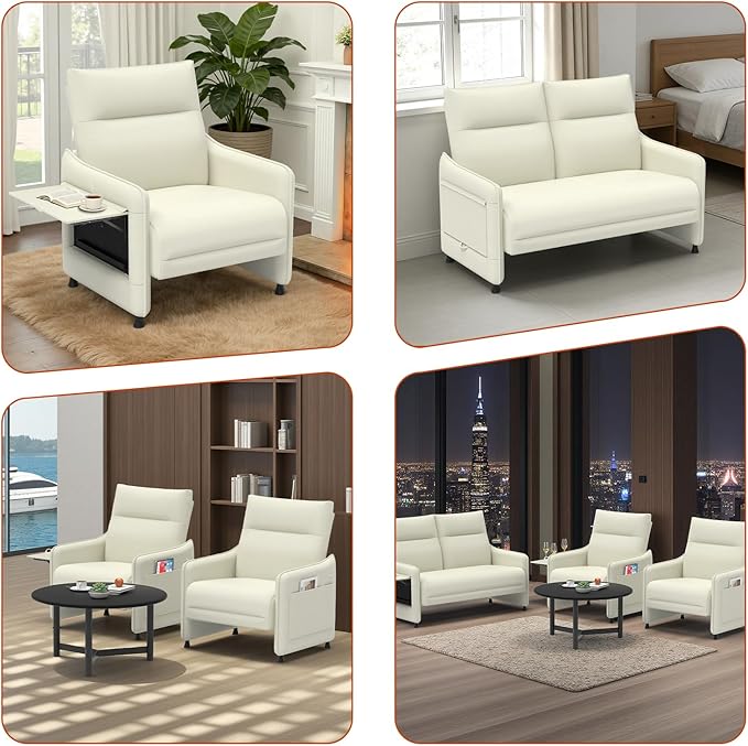Tbillionnext 3-Piece Living Room Sofa Set, Faux Leather Loveseat & Accent Chairs Set of 2 with Hidden Foldable Tray & Side Pocket, Rear Contour Arm Design, Upholstered Sofa Set for Office, Beige