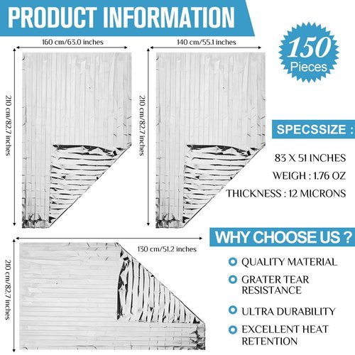 Kanayu 150 Pack Safe Emergency Blankets Thermal Survival Space Blanket Large Silver Foil Emergency Gear for Outdoors Hiking Survival Marathons Retain Body Heat