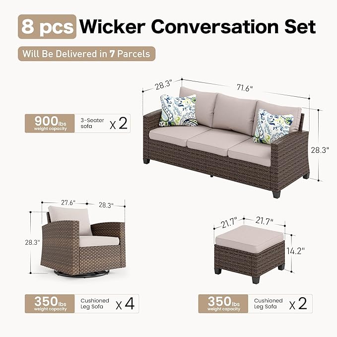 SUNSHINE VALLEY Swivel Glider Patio Furniture Set Outdoor Furniture Brown Wicker Rattan Patio Conversation Sets with Cushion Outside Sofa Set,8 Pieces,12 Seats,Beige