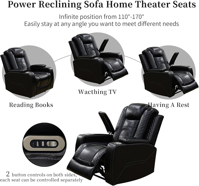 Caberryne Power Recliner Chair with LED Lights,Leather Reclining Couch with Storage Console/Arm Cup Holder for House/Home Theater/Small Space/Rv(Single Chair,Black)