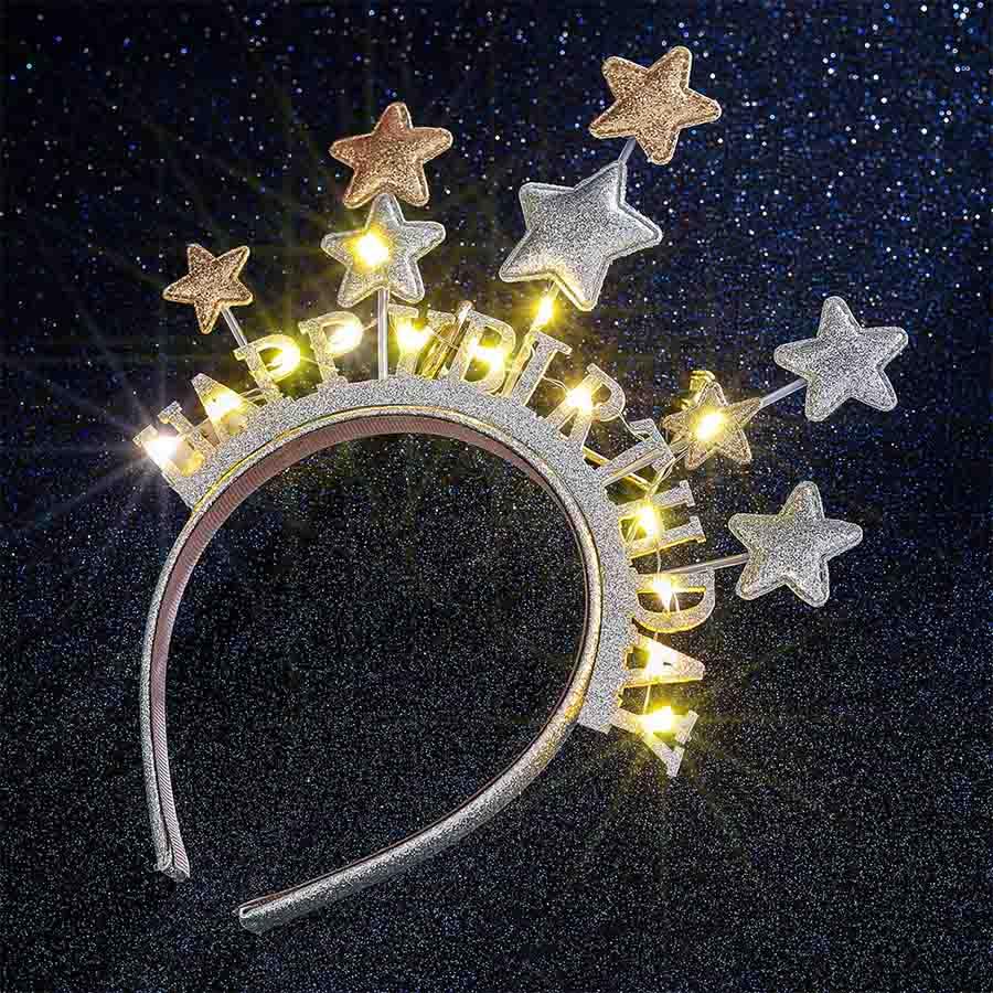 Aceorna Light Up Stars Headbands LED Gold Birthday Hairbands Glowing Happy Birthdays Crowns Head Bands Glitter Birthday Ha...