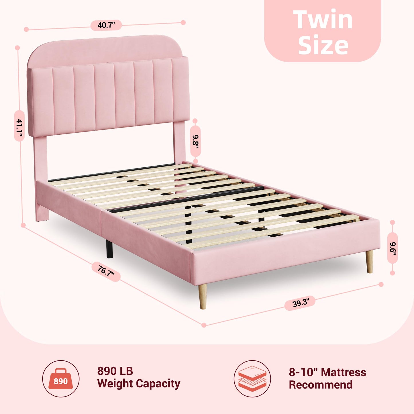 IDEALHOUSE Twin Bed Frames, Upholstered Platform Bed Frame with Bookcase Headboard, Velvet Platform Bed Mattress Foundation, Heavy Duty Steel Support Legs, Easy Assembly, Noise Free, Pink