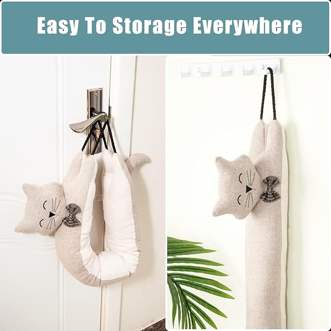 Marwood Under Door Draft Stopper Decorative Wind Stopper 42 inch for Door & Window, Weighted Animal Air Draft Stopper Snake Noise Blocker for Bottom of Door with Hanging Loops - Khaki Cat