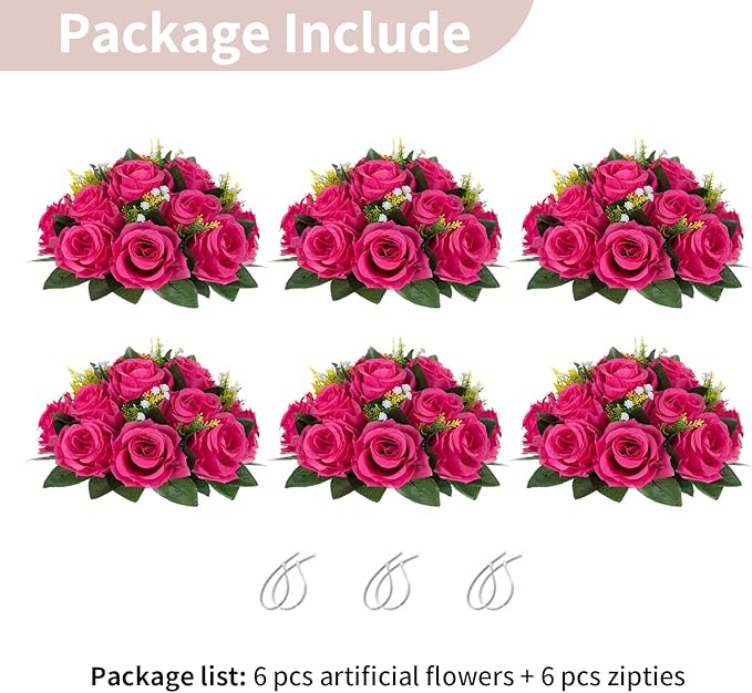 NUPTIO Flower Ball for Table Centerpieces: 6 Pcs Hot Pink Artificial Rose Kissing Balls for Wedding Party Valentine Tables - Faux Silk Floral Arrangements for Home Dining Event Decorations