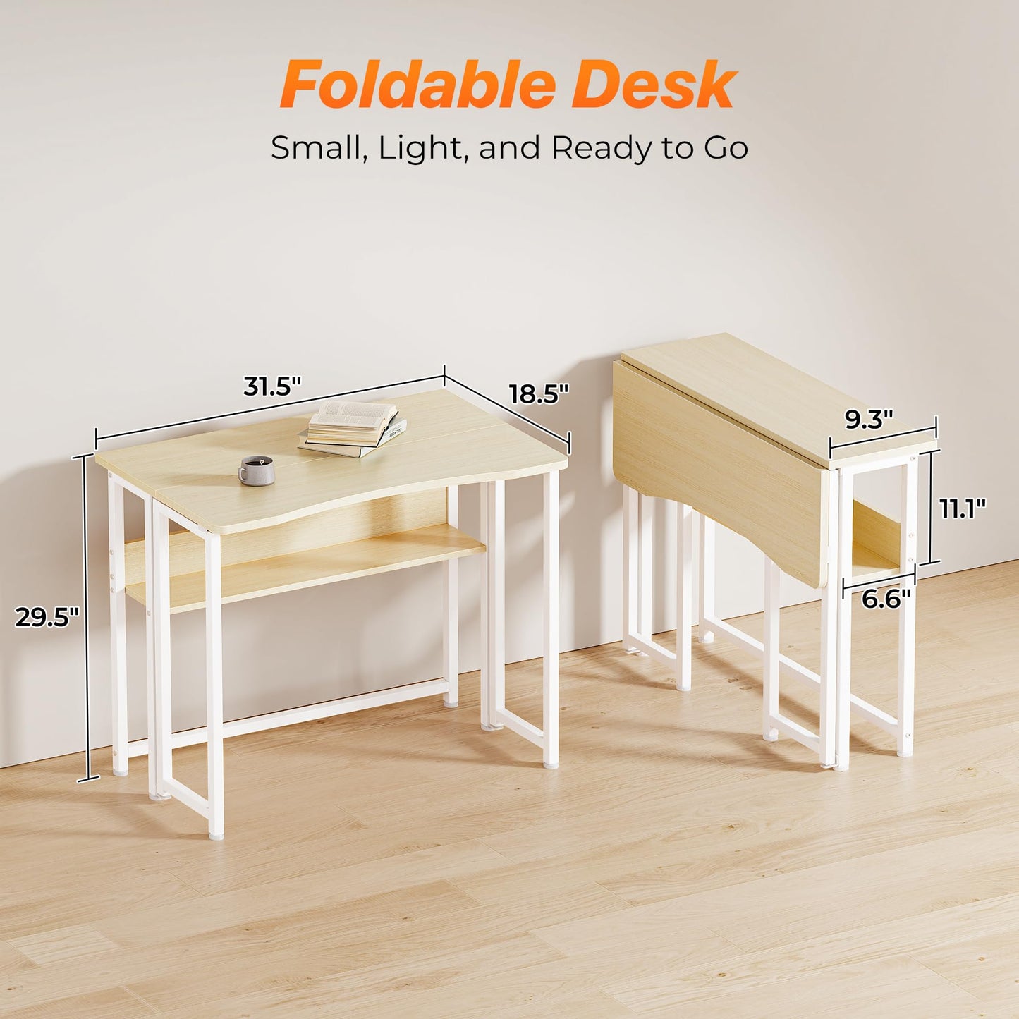 Huuger Folding Desk with Storage Shelf, 31.5 Inch Foldable Computer Table for Small Spaces, Space Saving Sofa Table for Couch, Writing Work Office Computer Desk, Easy to Fold, Oak