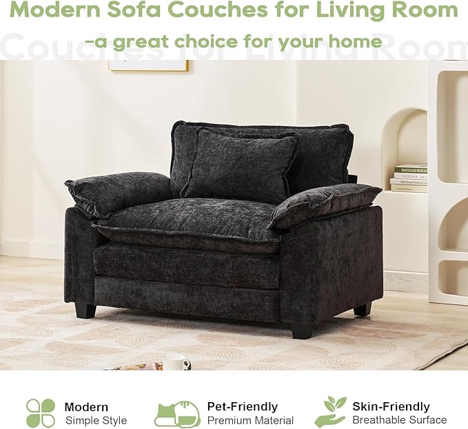Oprisen Modular Sectional Sofa, Comfy Cloud Couch Sectional Sofa, Chenille Sofa Sleeper Deep Seat Sofa with Throw Pillows for Living Room (Black, 53"- Single Seat)