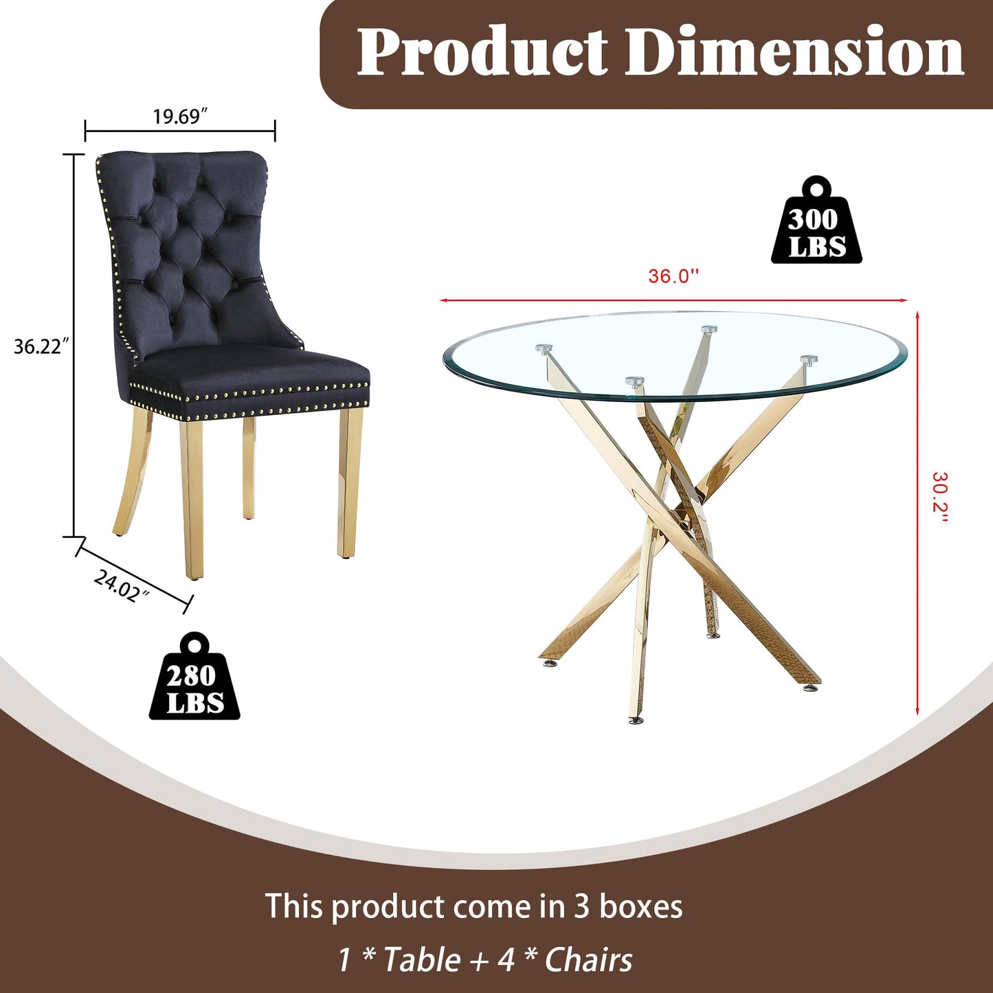 AMHDDT Round Glass Dining Table Set for 4, Modern 36" Clear Tempered Glass Kitchen Table with Gold Crossed Legs and 4 Black Velvet Upholstered Chairs, for Dining Room, Living Room, Apartment