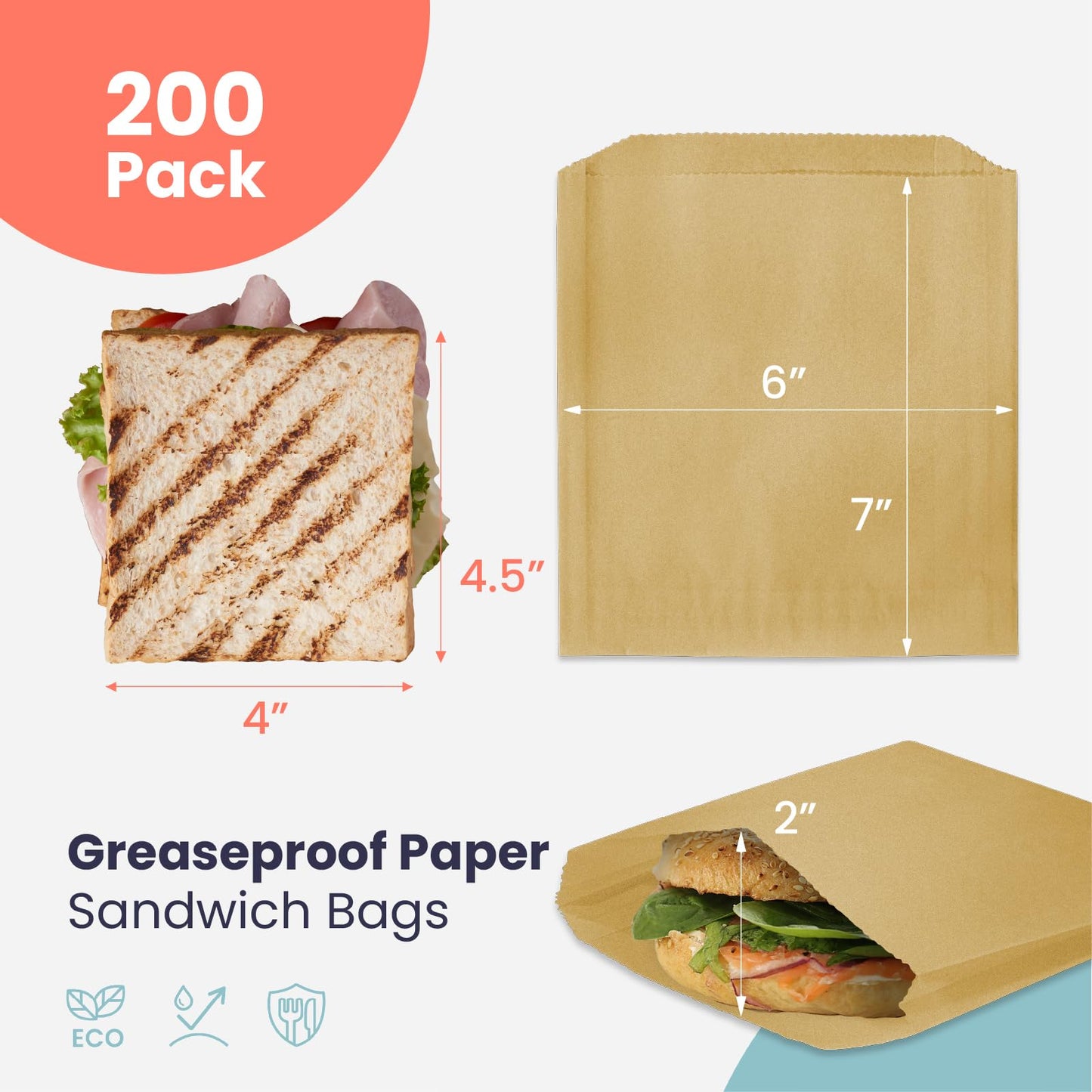 Fit Meal Prep 200 Pack Paper Sandwich Bags 7 x 6”, Greaseproof Snack Bags, Unbleached Pastry Bag, Recyclable Small Brown Paper Bags, Cookie Sleeves, Food Packing for Bakery, Donuts