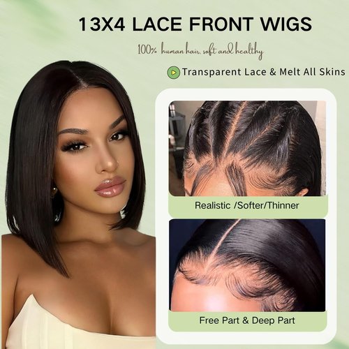 YFOXI Glueless Bob Wig Human Hair 13x4 HD Transparent Lace Front Wigs Short Bob Wig Glueless Wigs Human Hair Pre Plucked Bleached Knots Straight Lace Front Wigs For Black Women(16 Inch)
