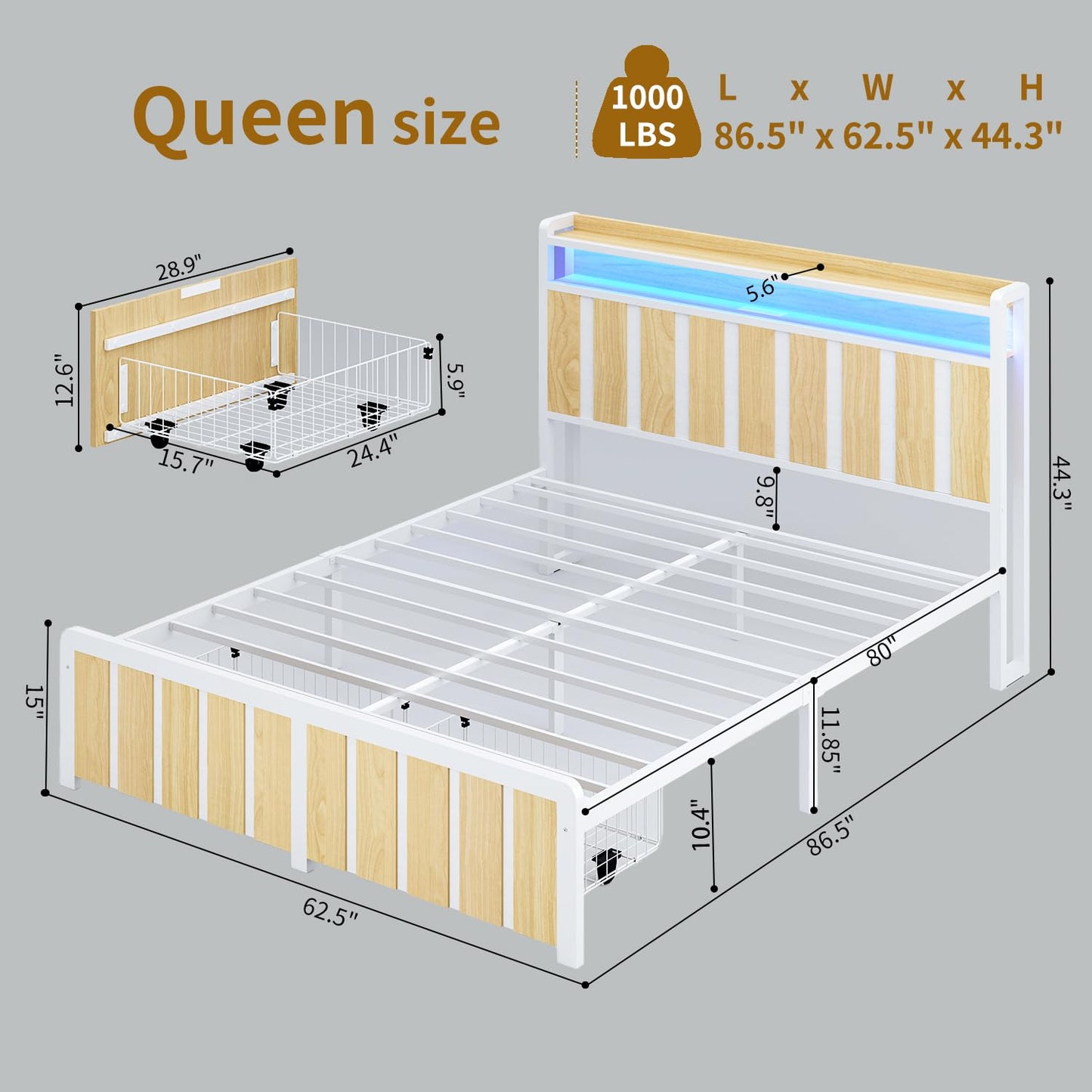 Queen Bed Frame with Storage Headboard & Dual Built-in Storage Drawers, Heavy Duty Platform Bed with 4-Device Charging Station and LED Lights, Noise-Free Design, No Box Spring Needed, White