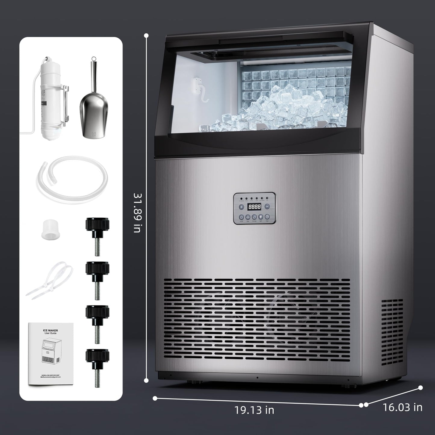 Commercial Ice Maker Machine 110lbs/24H, 33lbs Storage Ice Maker for Business, 50 Cubes in 7-14Mins, Stainless Steel Ice Maker for Cafe Bar Restaurant Beverage Shops, Under Counter Ice Machine