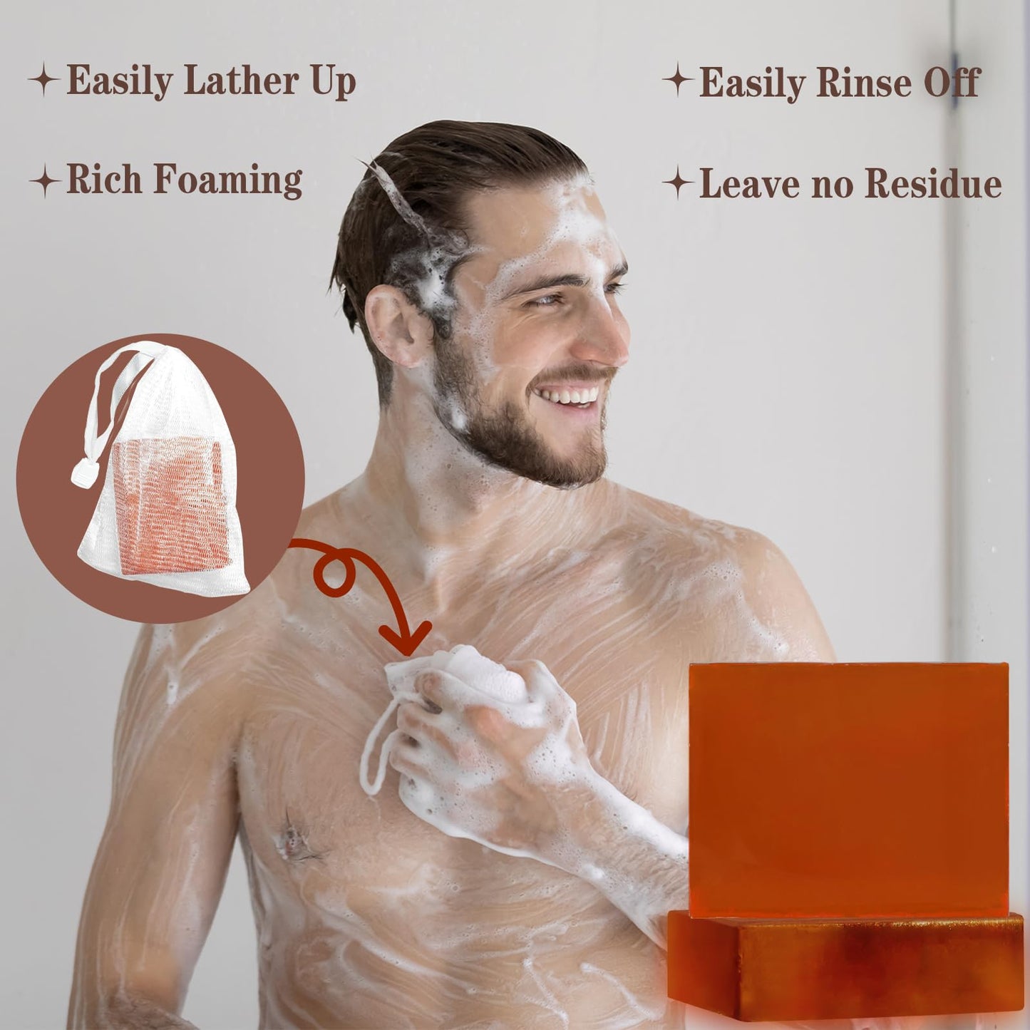 3 Pack Sandalwood Mens Bar Soap, Natural Soap Infused Jojoba and Olive Oil, Gently Exfoliate and Refresh Body and Face, Control
