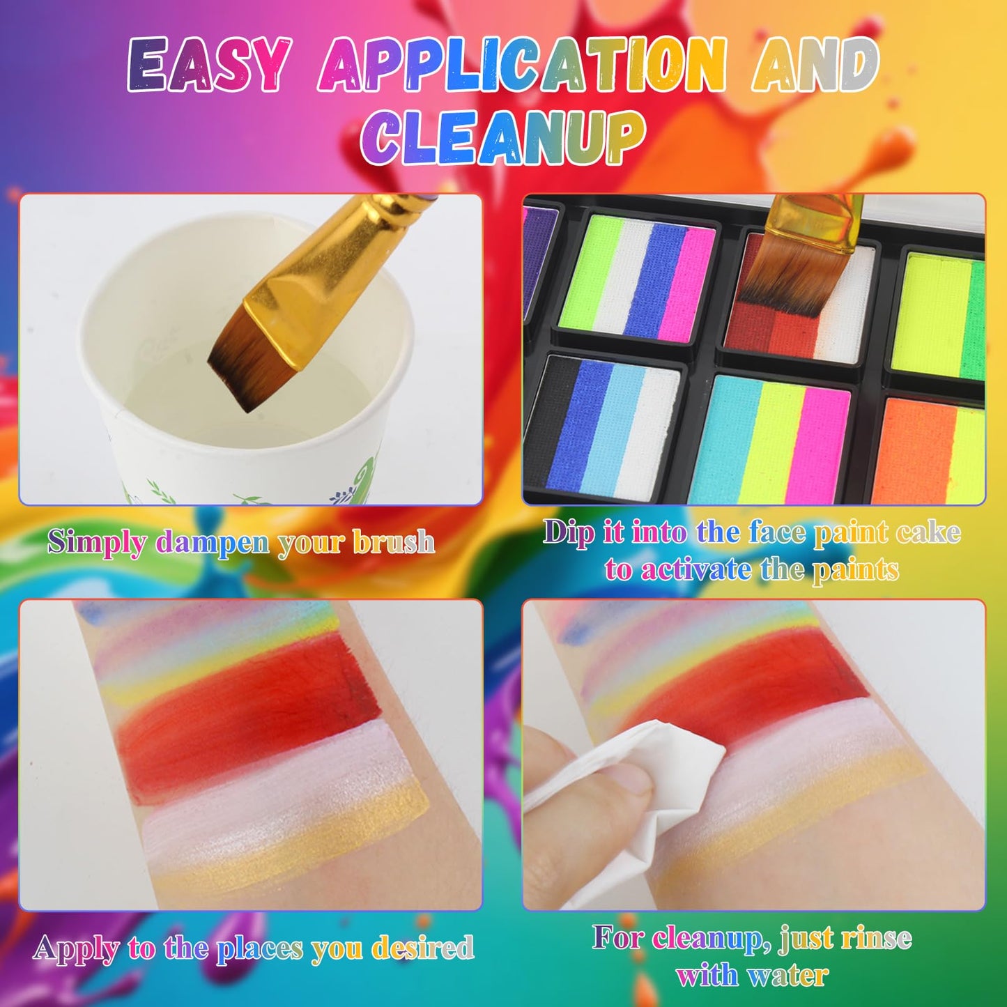 Face Paint Kit for Kids & Adults - 12 Color Rainbow Split Cake Face Painting Kit with 4 Brushes, Water Activated Face Paint Pale