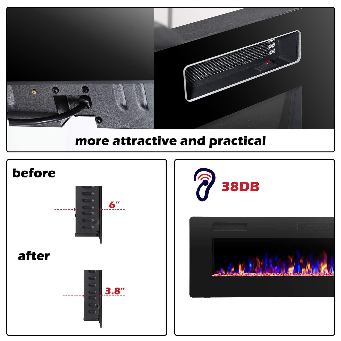 R.W.FLAME Electric Fireplace 50 inch Recessed and Wall Mounted,The Thinnest FireplaceLow Noise, Fit for 2 x 6 Stud, Remote Control with Timer,Touch Screen,Adjustable Flame Colors and Speed