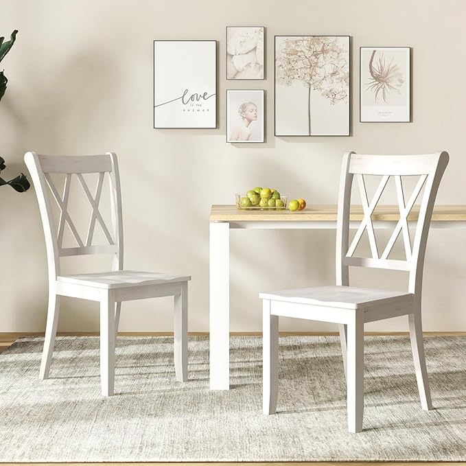 Giantex Wood Dining Chairs Set of 4 White, Rustic Armless Kitchen Chairs w/Rubber Wood Frame, Cross Back, Contoured Seat, Farmhouse Wooden Side Chairs, High Back Kitchen Chairs for Home Dining Room