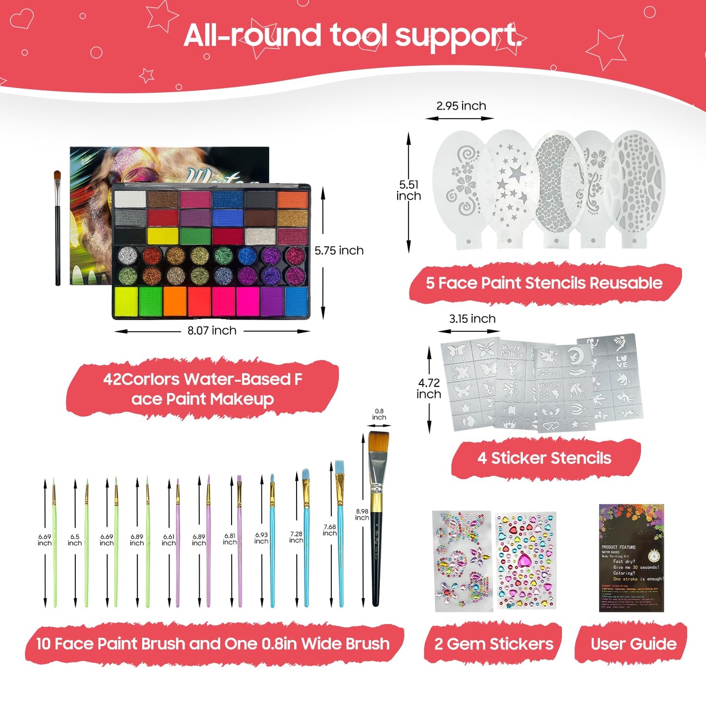 Pintada 42 Color Face Painting Kit for Kids - Non Toxic Water Activated Face Paint Palette With Stencils, Brush, Gems. For Carnival, Halloween, Costume Makeup and Any Creative Activity with Kids