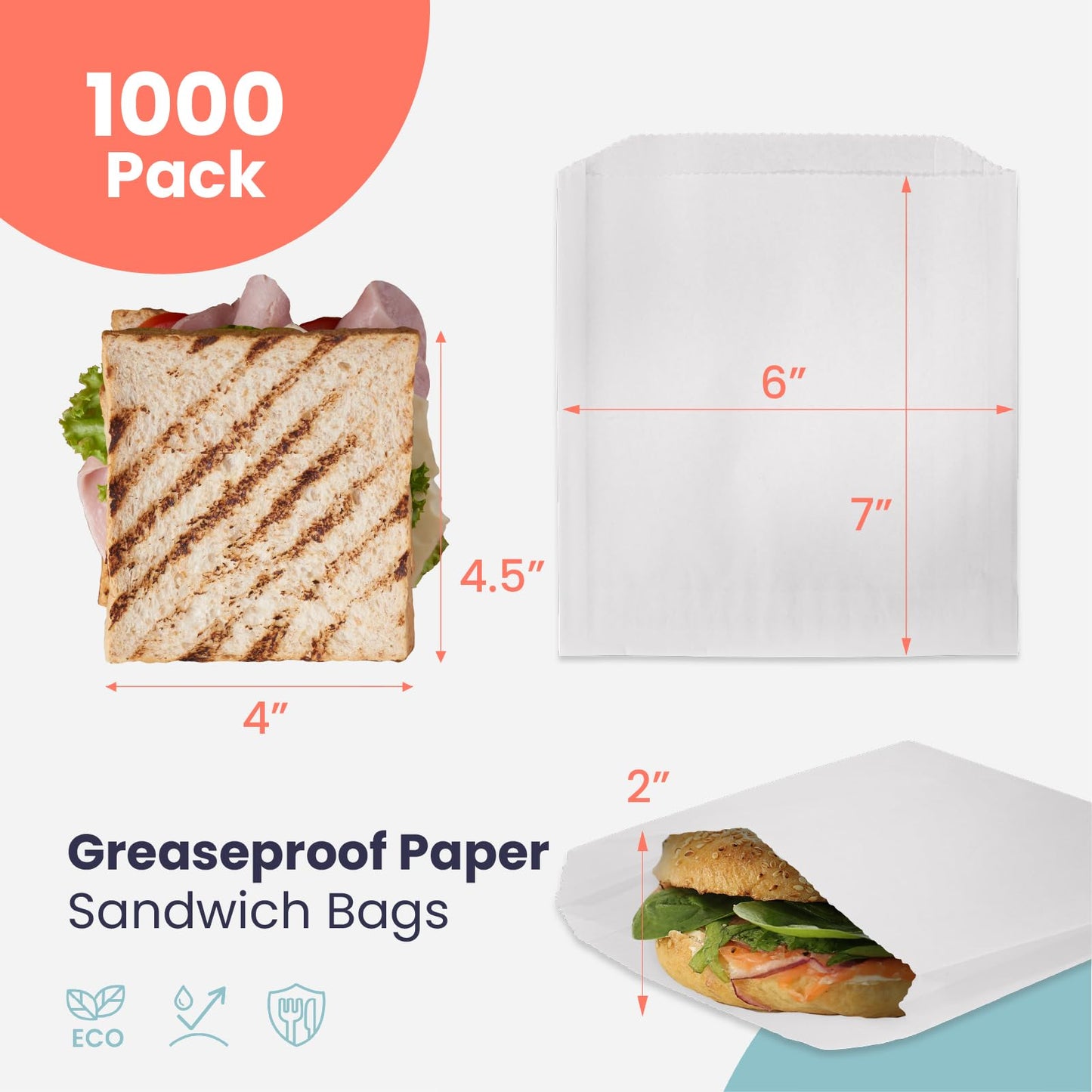 Fit Meal Prep 1000 Pack Paper Sandwich Bags 7 x 6”, Greaseproof Snack Bags, Food Grade Pastry Bag, Recyclable Small Paper Bags, Cookie Sleeves, Food Packaging for Bakery, Donuts
