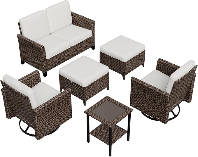COOS BAY Harbor Retreat 6 Piece Outdoor Furniture Set, Patio Conversation Set with Swivel Rocking Chairs, 2 Seat Loveseat, Side Table and Ottomans, Wicker Furniture, Brown/Beige
