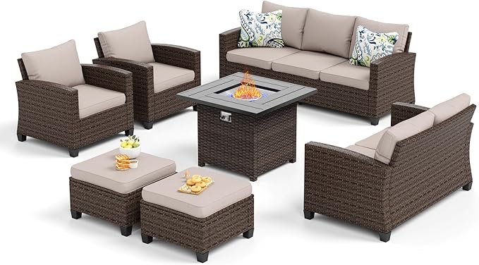 SUNSHINE VALLEY Patio Furniture Set Outdoor Furniture Brown Wicker Rattan Patio Conversation Sets with Cushion Outside Sofa Set,6 Pieces with Firepit Table,9 Seats,Beige