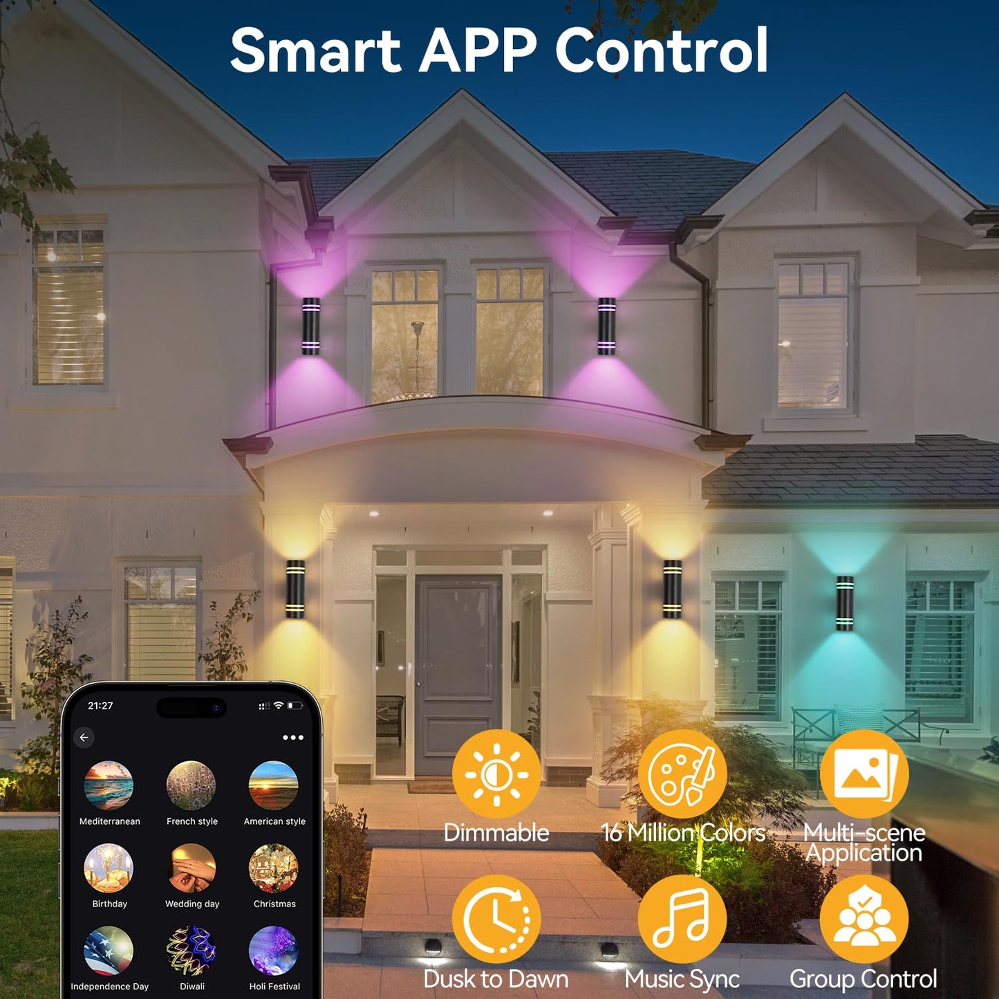 Zinola Smart Porch Lights RGBCW Outdoor Wall Lights, Modern Dusk to Dawn Outdoor Light Fixture Color Changing Up and Down Lighting, Waterproof Sconce Compatible with Alexa Google Assistant