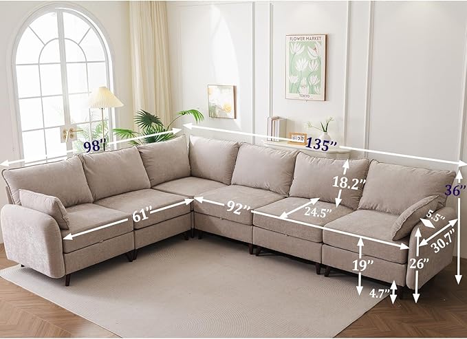 Rexulqo 135'' Modular Sectional Sofa with Storage Seat,Oversized L Shaped Couch,6 Seater Couches for Living Room,Bedroom,Velet,Khaki