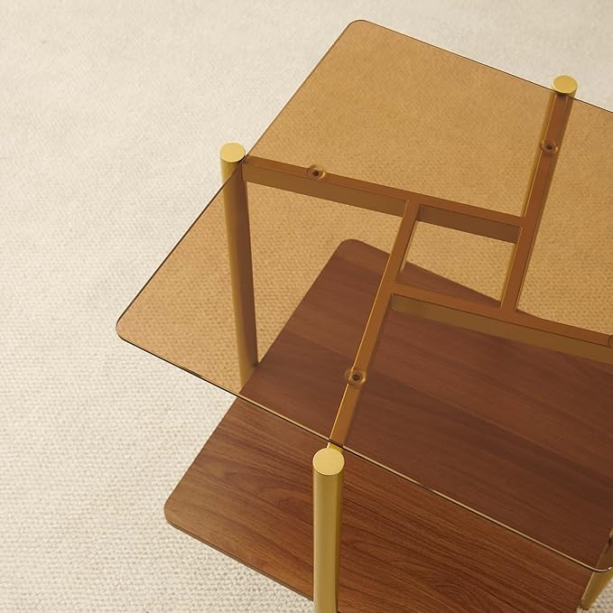 Pine Flicker Square Glass End Table, Mid-Century Modern Sofa Table, L20*W20*H23 inch for Living Room, 2-Tier Structure, Amber Glass Top and Walnut MDF Shelf, Sleek Conical Metal Legs with Gold Finish