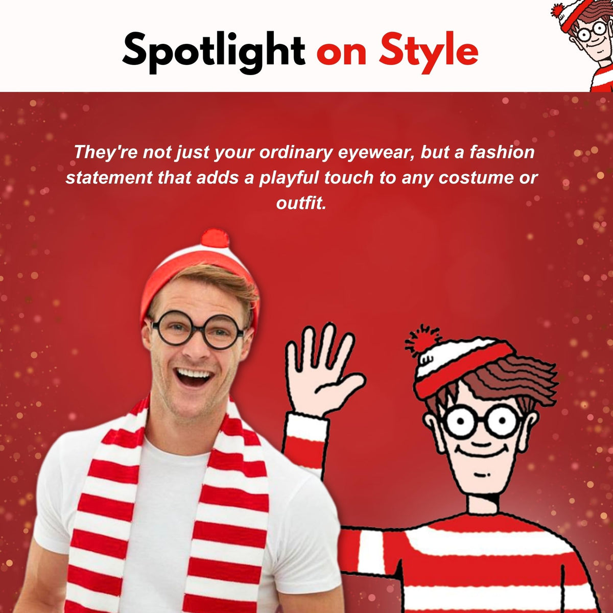 Wheres Waldo Costume Round Glasses for Men & Women - Fake Nerd Glasses Novelty Costume - Black Circle Cosplay Round Eyeglasses Disguise for Harry Potter, Minion, Scientist Character Outfit Accessory