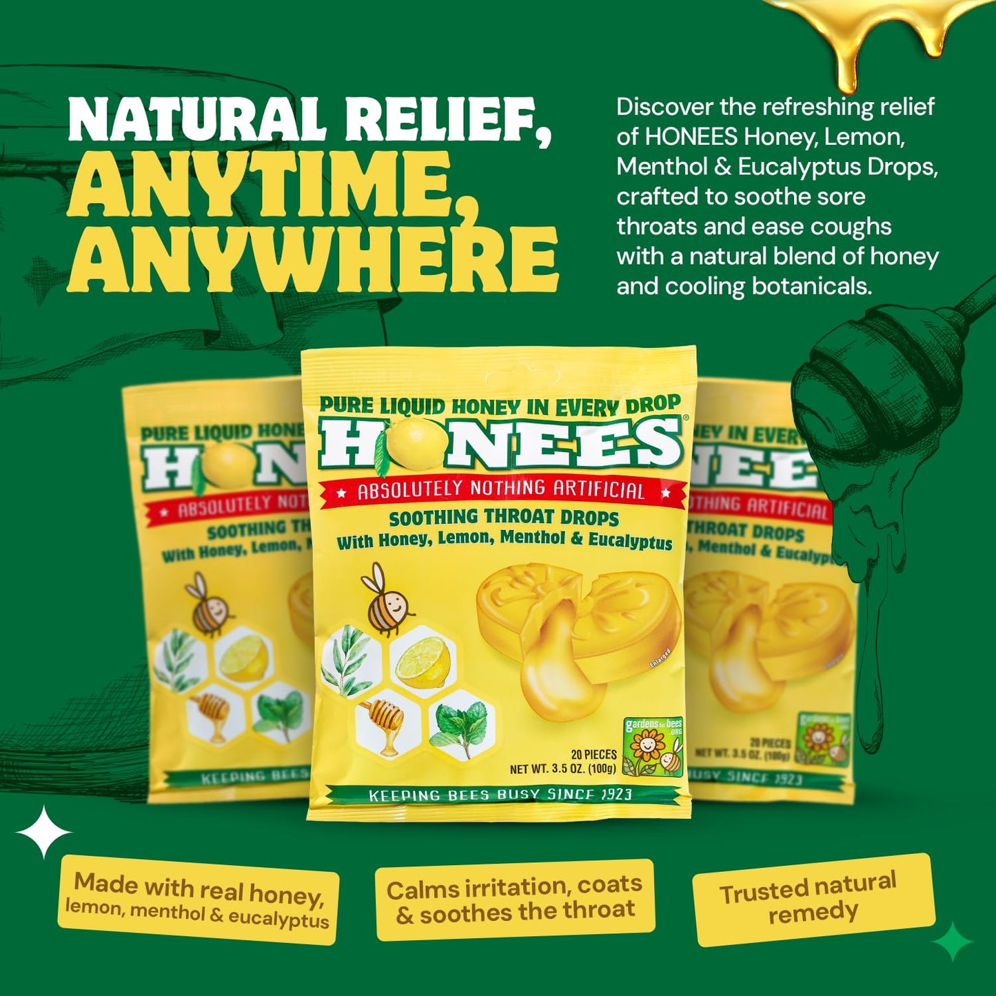 Honees Filled Honey Lemon Cough Drops- Filled with Honey, Menthol, Lemon and Eucalyptus - Nothing Artificial -Natural Sore Throat Lozenges- Non-GMO (12 Pack – 240 Drops)