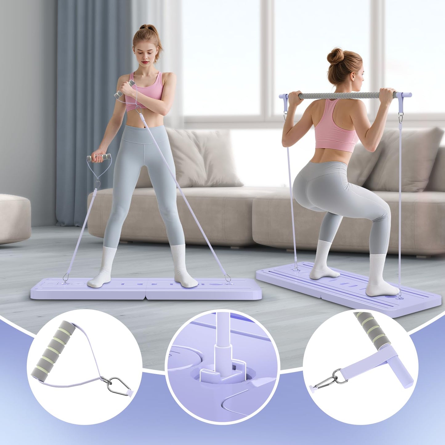 Lazolloa 5 in 1 Pilates Board, Foldable Pilates Reformer Set with Resistance Bands, Portable Pilates Sliding Board, Trainer Machine for Home Workout, Ab, Core, Fitness, Exercise, Purple