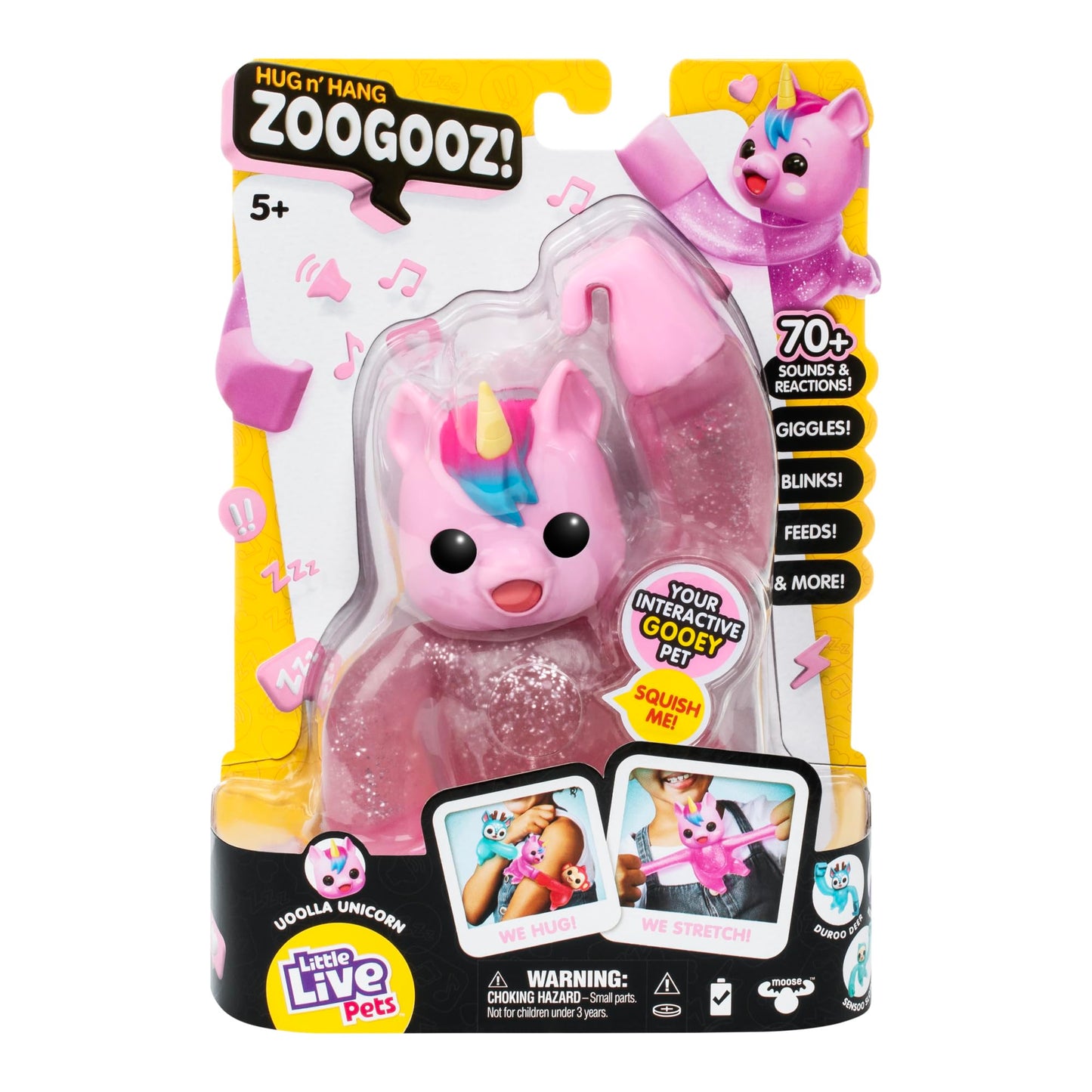 Little Live Pets Hug n Hang Zoogooz - Uoolla Unicorn. Interactive Electronic Squishy Stretchy Toy Pet with 70+ Sounds & Reactions. Stretch Squish & Link Their Hands. Display Them & Hang Them Around-New