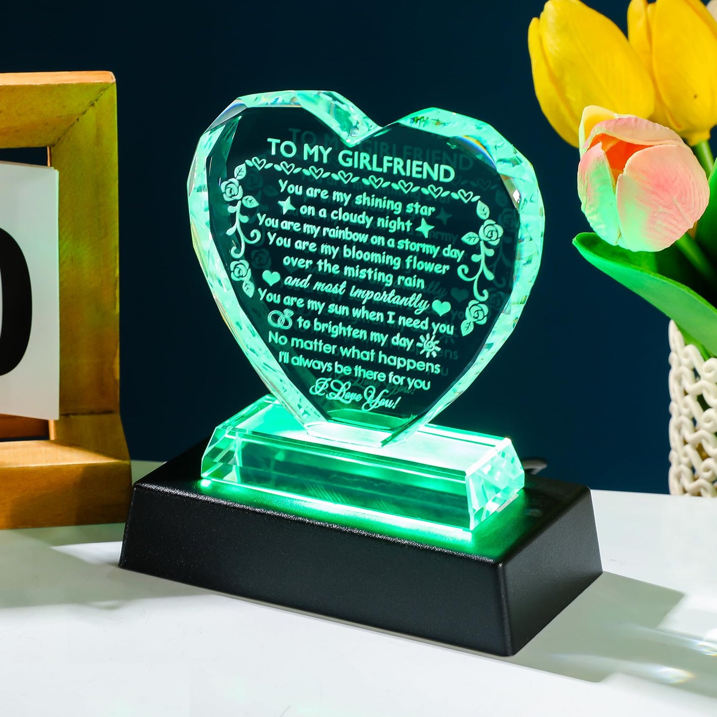 YWHL Romantic Girlfriend Gifts from Boyfriend, To My Girlfriend Crystal Heart Shaped Keepsake with Colorful Light Base, Girlfriend Birthday Gift, Gifts for Girlfriend on Anniversary Valentine