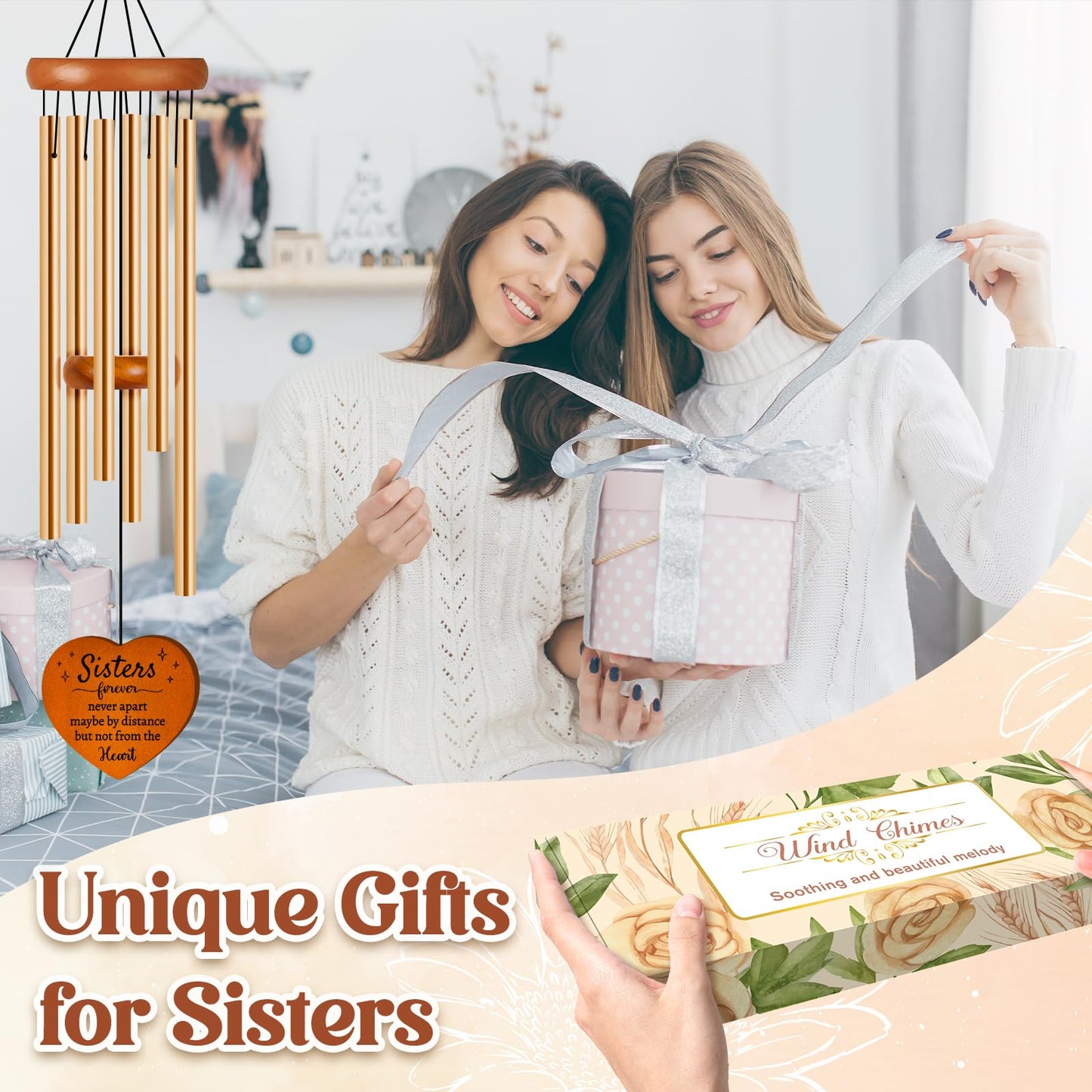 Sisters Gifts from Sister, Sister Birthday Gifts Wind Chime, Bestie Gift for Women, Unique Sisters Gift for Birthday, Christmas, Mothers Day, Wedding, Graduation, Garden Decoration