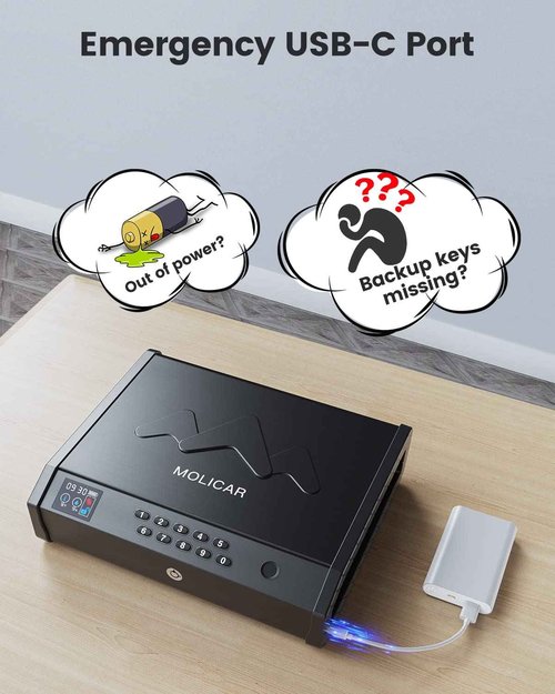 MOLICAR Gun Safe, Biometric Gun Safes for Handgun with LCD of Temp Humidity Battery, USB-C Port, Fingerprint Quick Access Pistol Safe for Home Bedside Nightstand Car