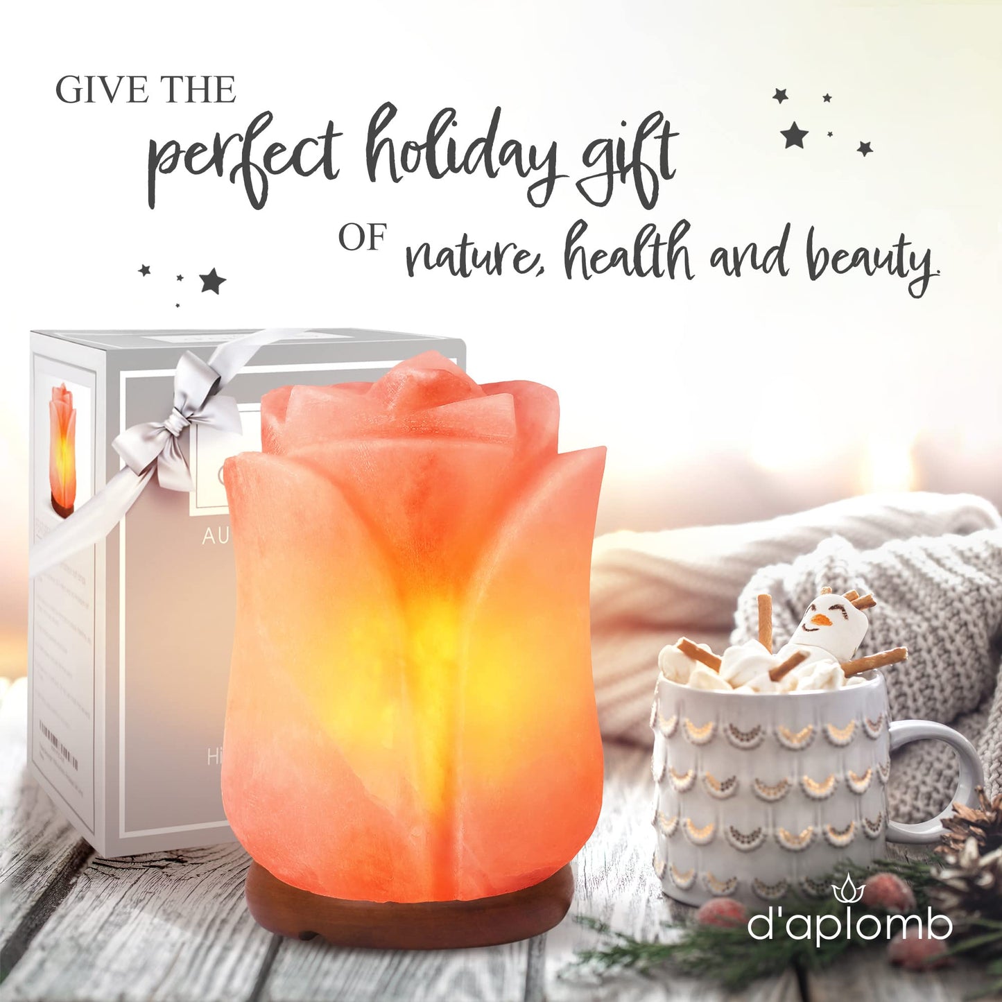 d'aplomb 100% Authentic Natural Himalayan Salt Lamp;Hand Carved Flower Rose Crystal Rock Salt from Himalayan Mountains; Dimmer Cord (Pink Flower)