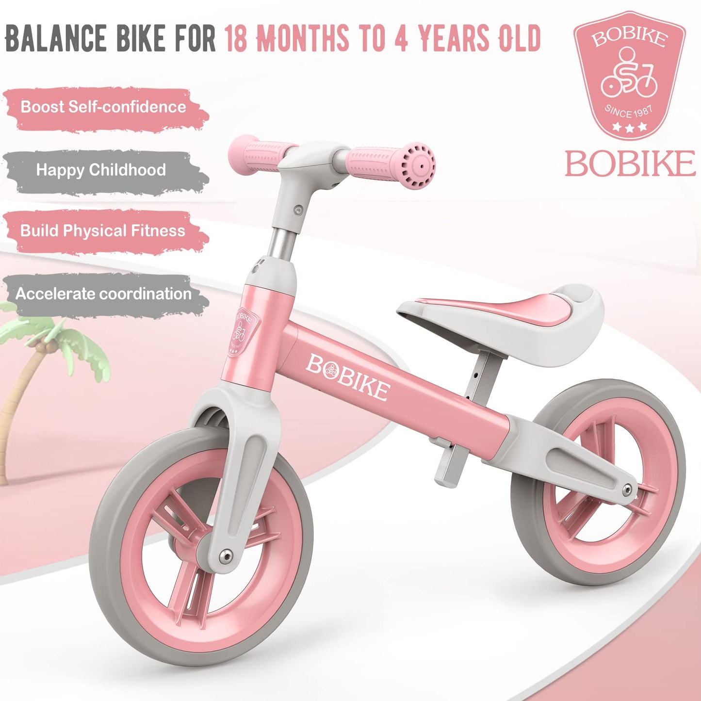 Bobike Toddler Balance Bike Toys for 1 to 3 Year Old Girls Boys Adjustable Seat and Handlebar No-Pedal Training Bike Best Gifts for Kids (Pink)
