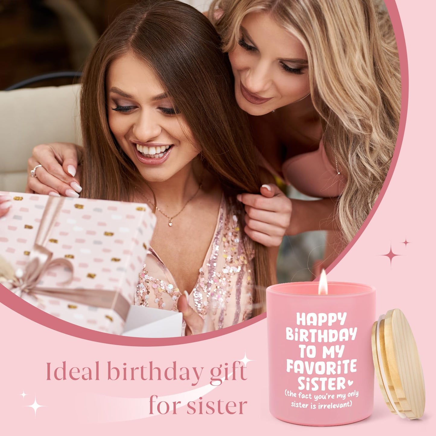 Encoink Funny Sister Birthday Gifts Ideas, Lavender Vanilla Scented Candle Sister Gifts from Sister Brother, Happy Birthday to My Favorite Sister, Pink Jar with Wooden Lid(10oz)