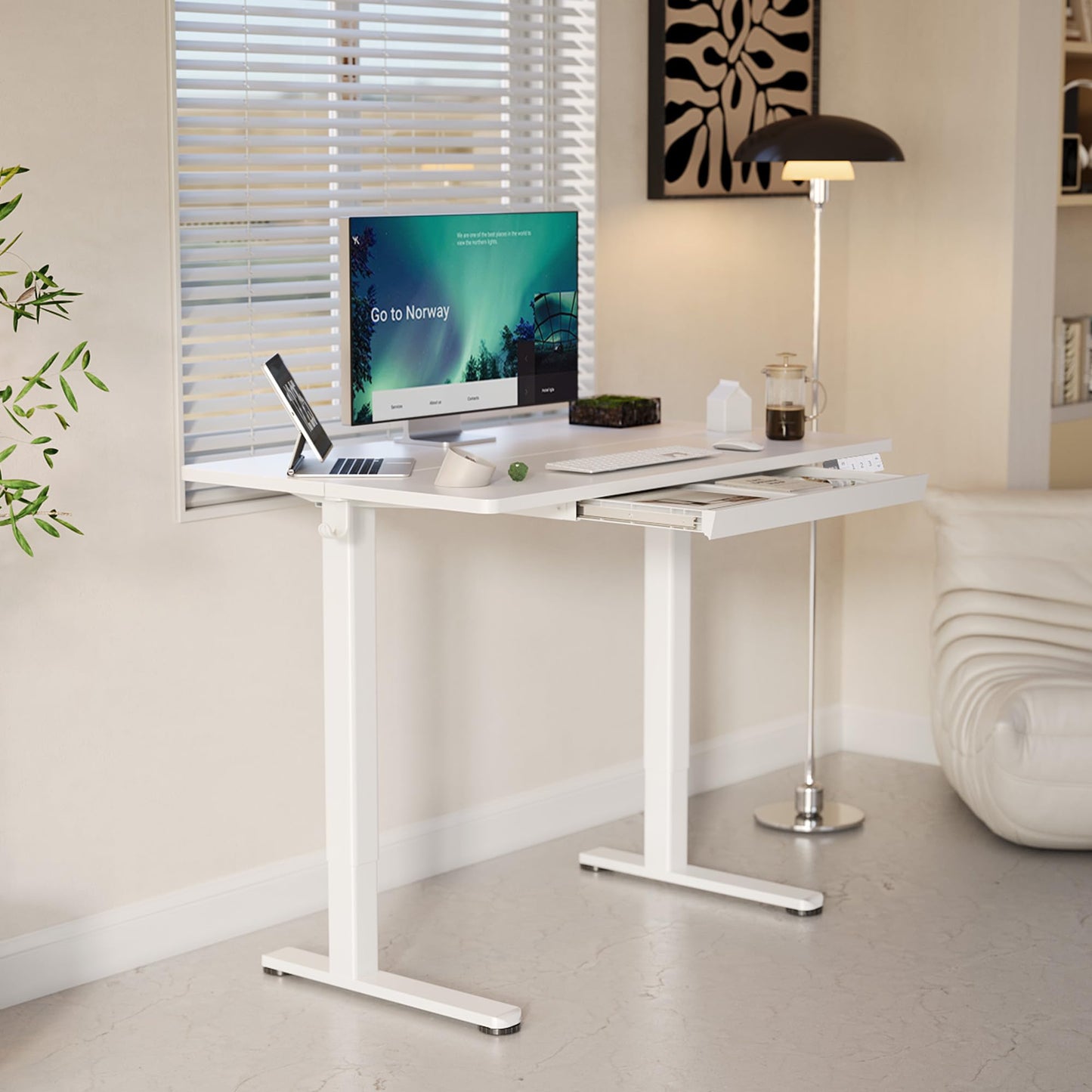 YDN Standing Desk with Drawers, 48 x 24 Inch White Standing Desks Electric Adjustable Height Desk for Computer Workstations, White