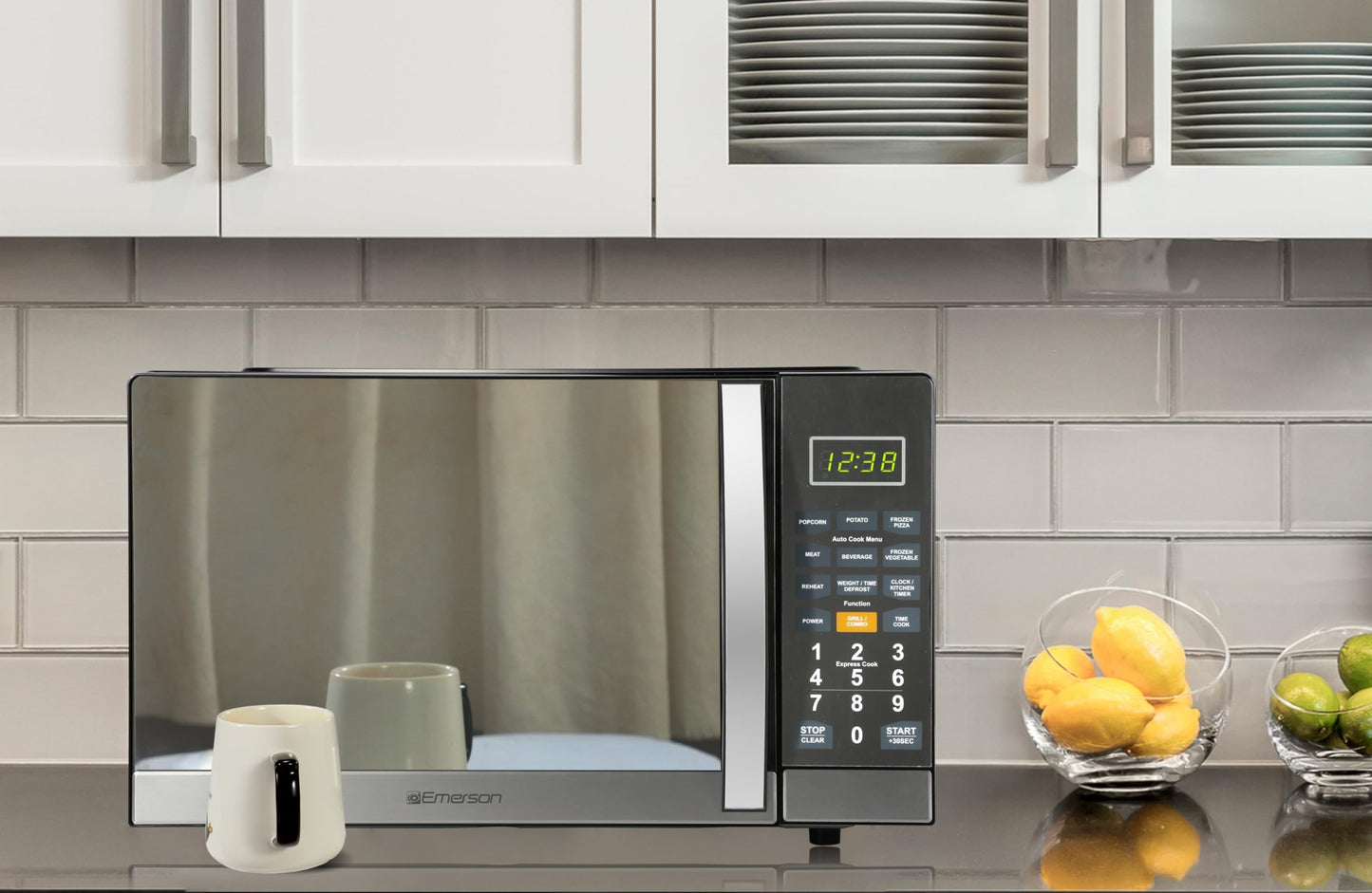 Emerson MWG1191SB 1.1 Cu. Ft. Microwave with Built-In Grill Function, 1100W Power, Stainless Steel, LED Timer Display, 11 Power Levels, 9 Preset Cooking Options, Removable Glass Turntable, Child Lock