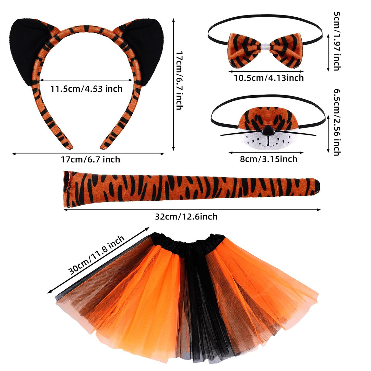 SUMERSHA 5Pcs Tiger Costume Set Tiger Ear Headband Nose Bow Tie Tail Tutu Skirt Animal Fancy Dress up Accessories for Halloween Cosplay Party