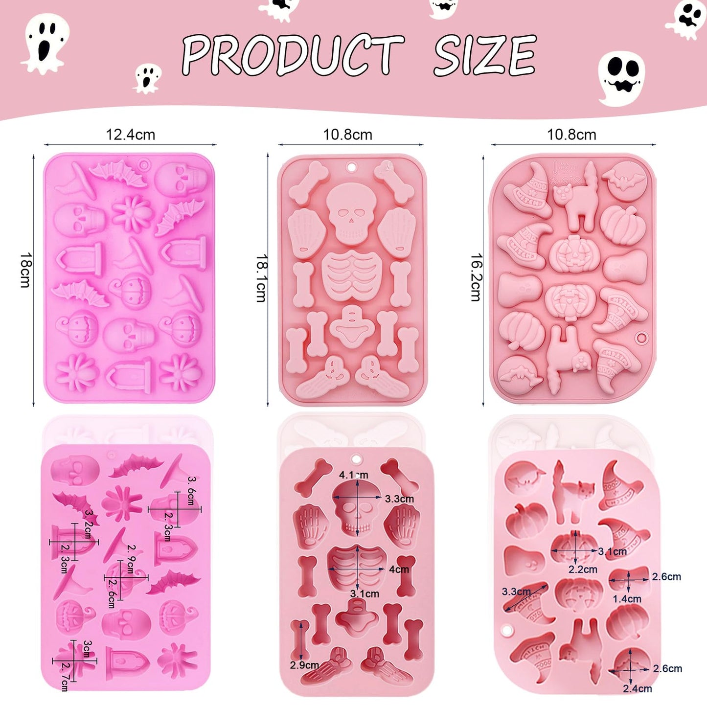 Halloween Silicone Molds - 3 Pack with Pumpkin, Skull, Skeleton, Ghost, Bat Designs for Baking, Chocolate, Candy, Cupcake Toppers