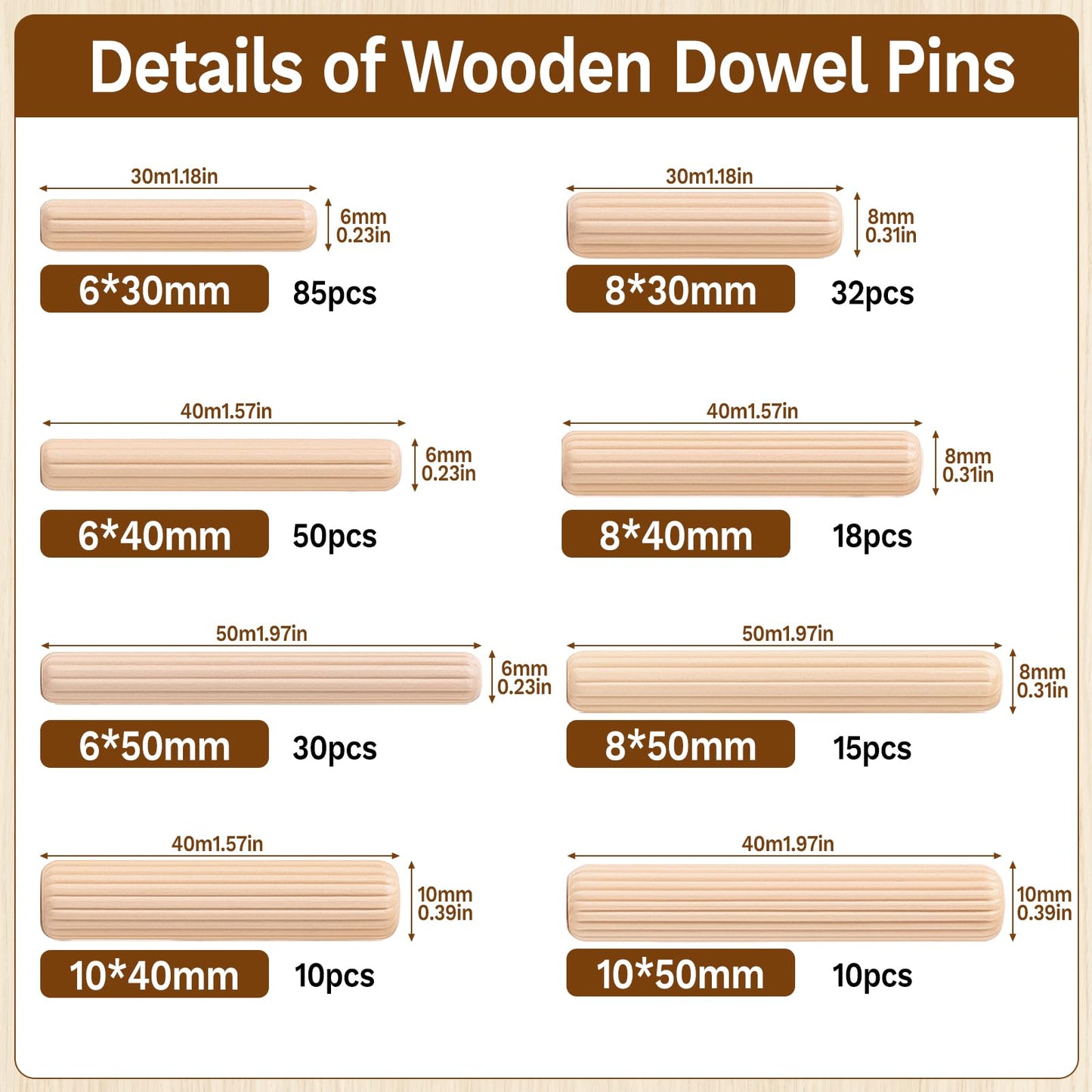 250 Pcs 8 Size Wooden Dowels 1/4'' 5/16'' 3/8'' Wooden Dowel Pins Hardware Pins Fluted Wood Dowels for Crafts Furniture Woodworking DIY Crafts