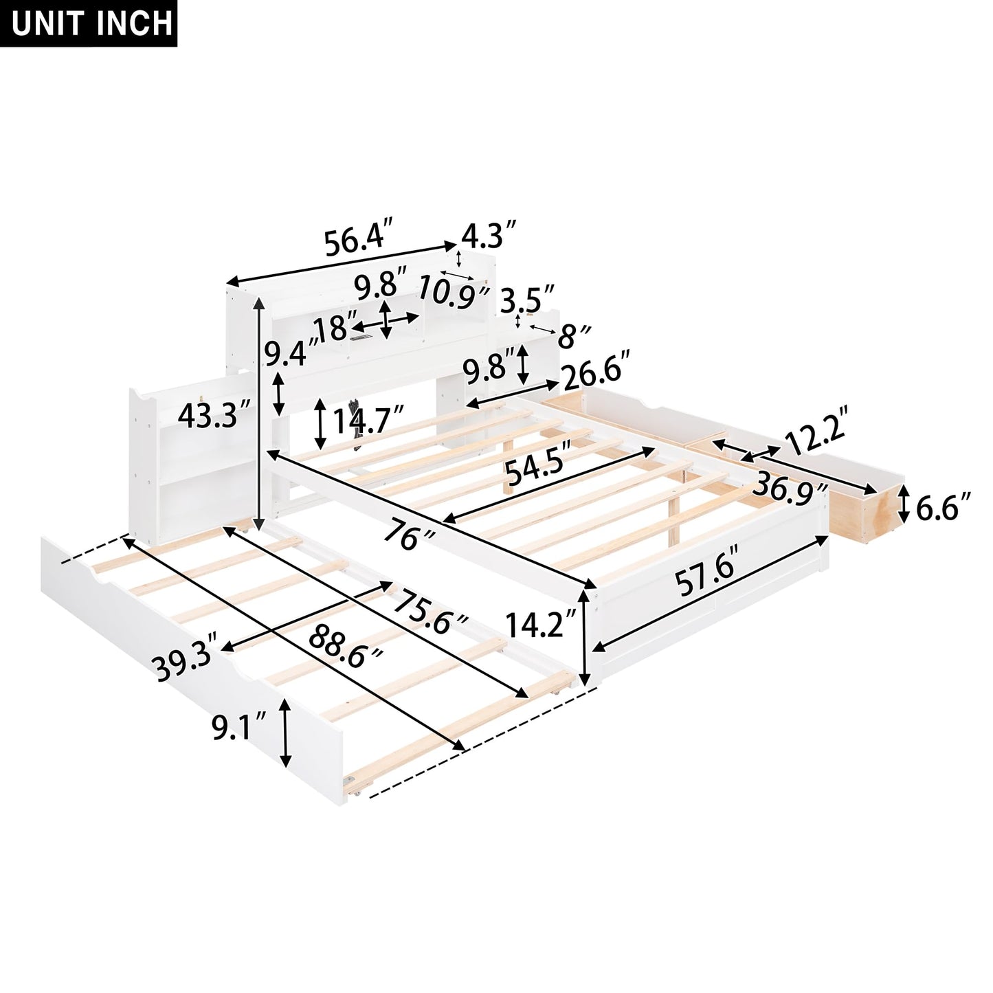 Full Size Storage Bed with Bookcase Headboard and Trundle, Wood Platform Bed Frame with Charging Station, Pull Out Shelves and Drawers for Kids Teens Adults, No Box Spring Needed,White