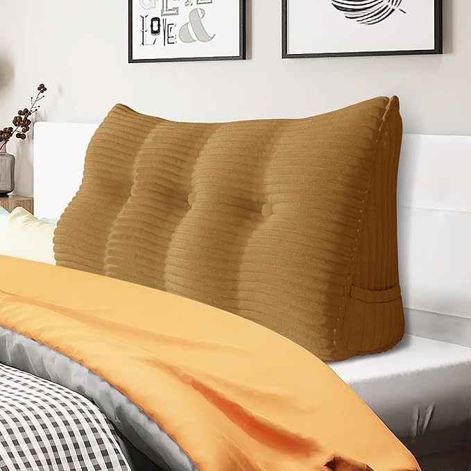 Wedge Headboard Pillow Dorm Room Reading Pillow Back Support for Sitting Up in Bed Bolster Lumbar Cushion Body Positioning Bedrest Corduroy (Khaki, Twin (39 * 8 * 20in))