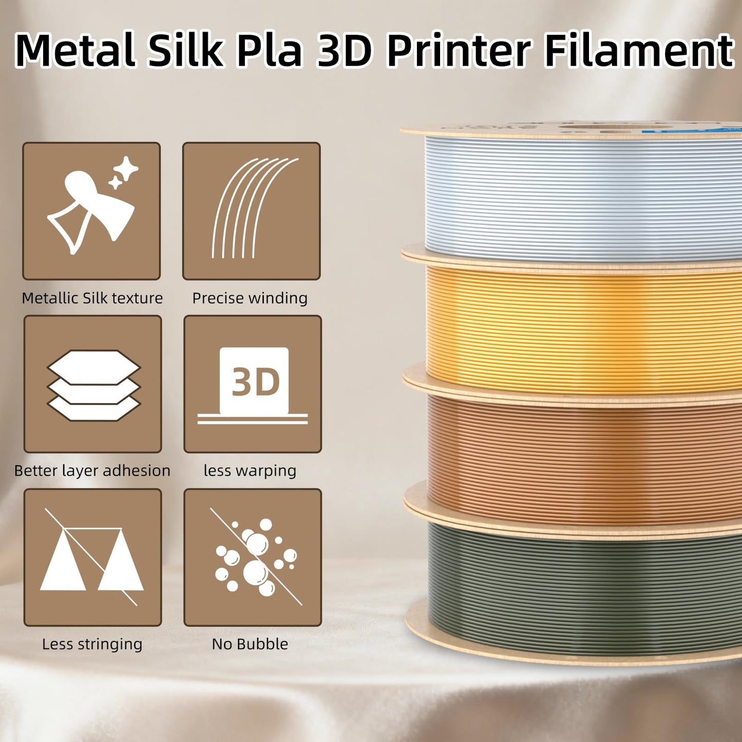 3DHoJor Silk PLA Filament 1.75mm, PLA Filament 1.75mm Silk Shiny 3D Printer Filament, 1kg Cardboard Spool (2.2lbs), Dimensional Accuracy +/- 0.03 mm, Fit Most FDM Printer(Metal Silver)