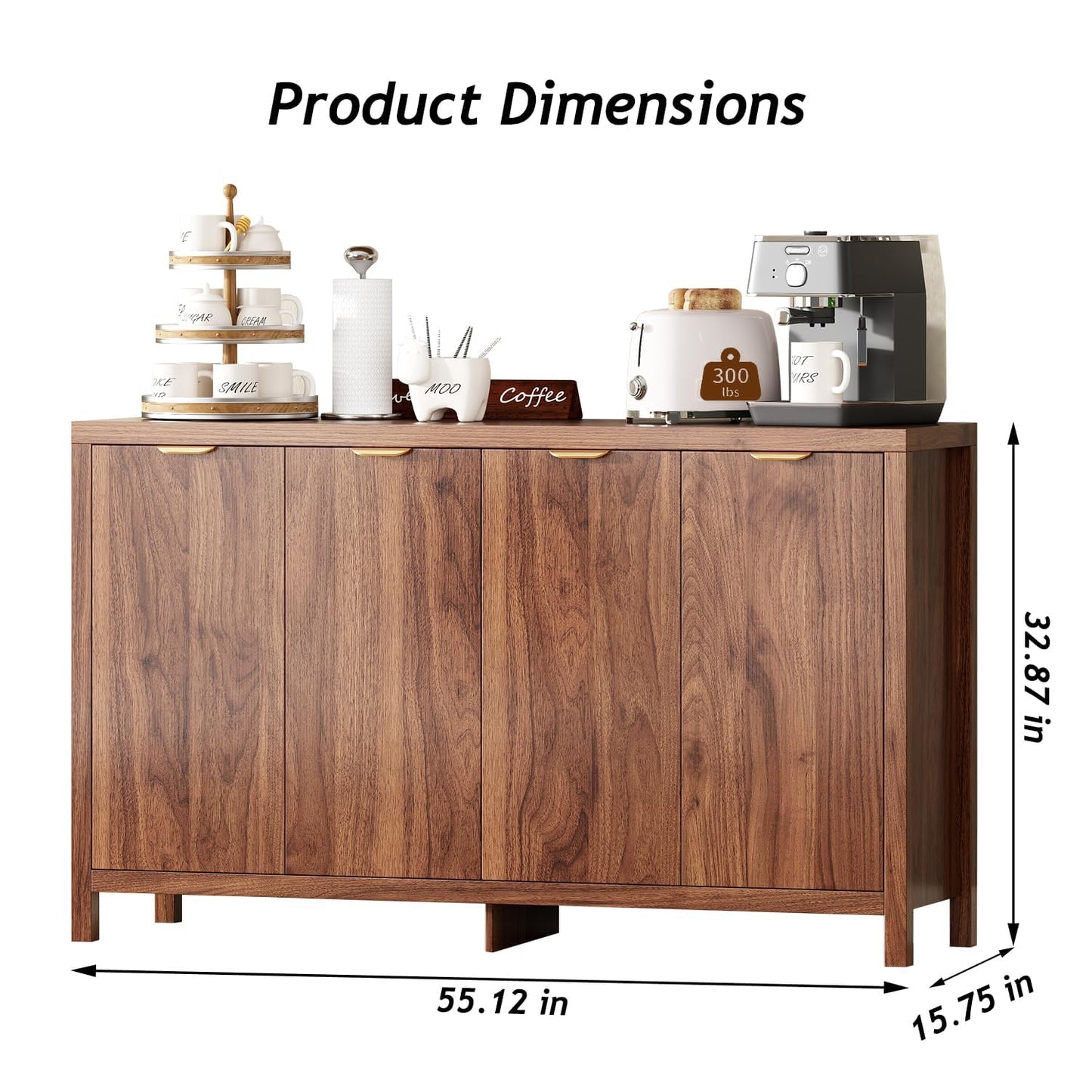 Arulvmrn Buffet Cabinet, 55" Large Sideboard Buffet Storage Cabinet with Shelves and Doors, Modern Coffee Bar Station Wood Kitchen Table for Kitchen, Dining Room,Walnut