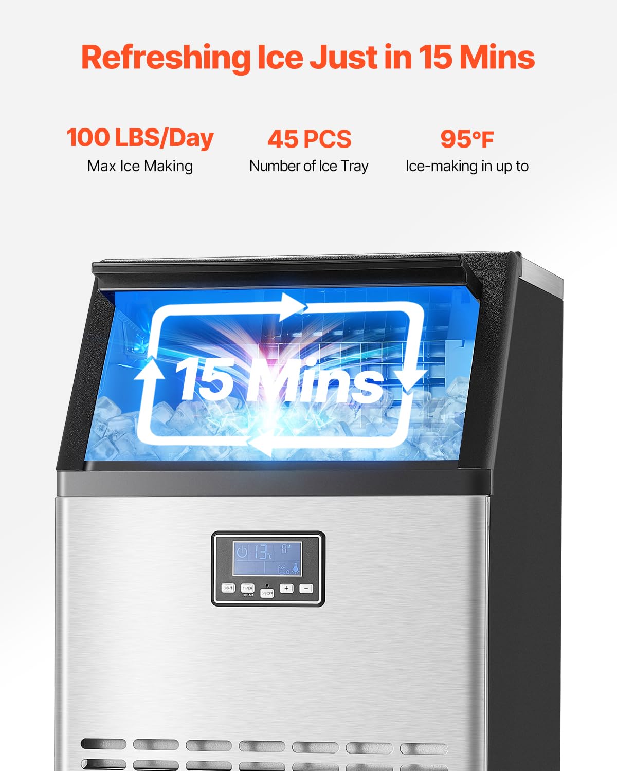 VEVOR Commercial Ice Maker Machine, 100lbs/24H Ice Maker Machine with 33lbs Storage Capacity, 45 Ice Cubes in 15 Minutes, LED Digital Display Freestanding Self-Cleaning for Bar Office Restaurant
