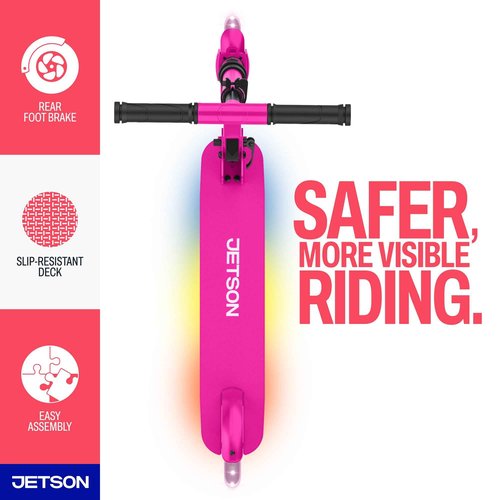 Jetson Highlight 2-Wheel Kick Scooter, Kinetic Lights on Deck and Wheels, 6 Inch Wheels, Rear Brake, Easy-Folding Mechanism, Ages 6+, Pink, JHGLT-PNK