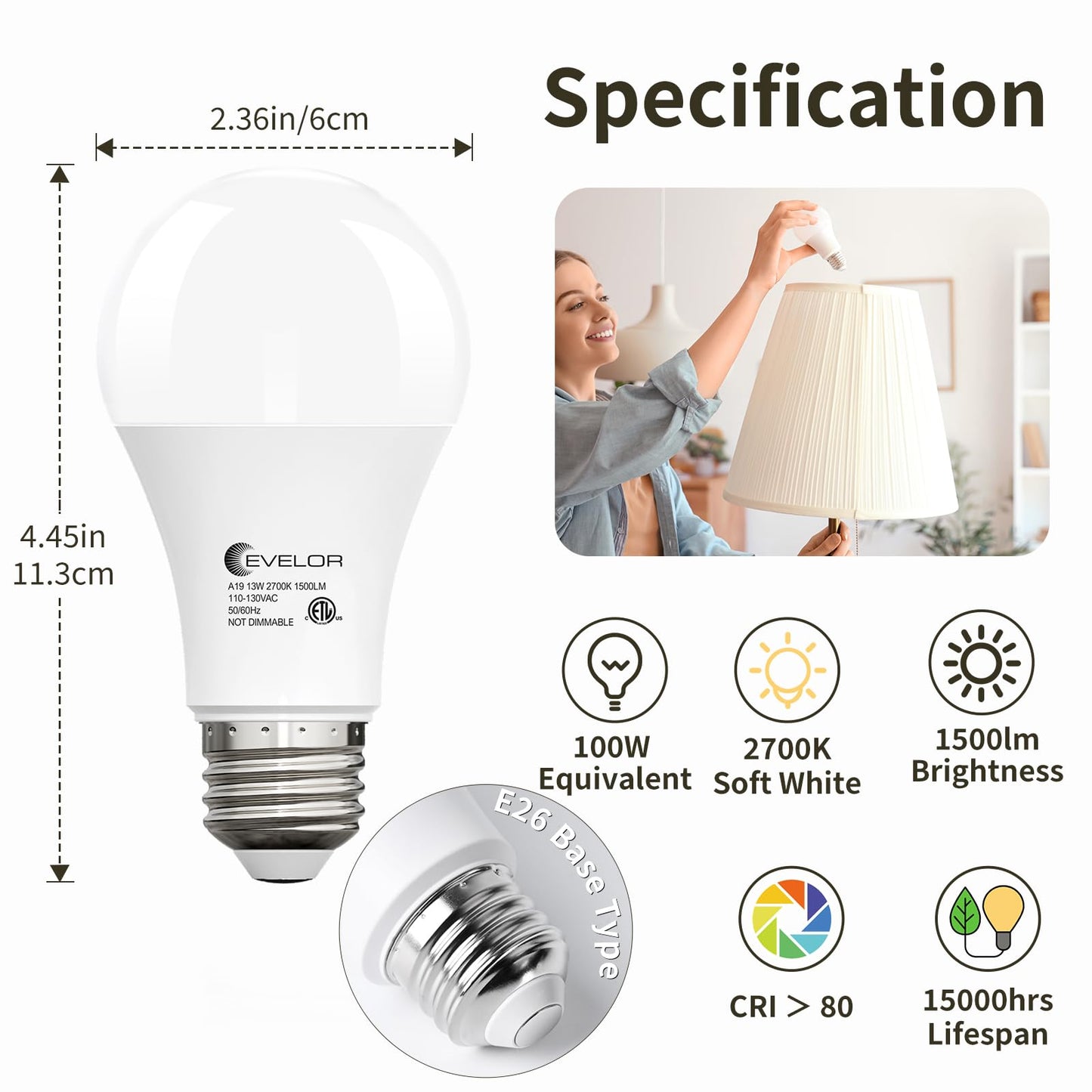 evelor 6-Packs A19 LED Light Bulbs,100 Watt Equivalent 2700K Soft Warm White Bright Bulbs Efficient 13W,1500 Lumens E26 Base, Non-Dimmable, 15000-Hour Lifespan for Bedroom, Living Room, Office