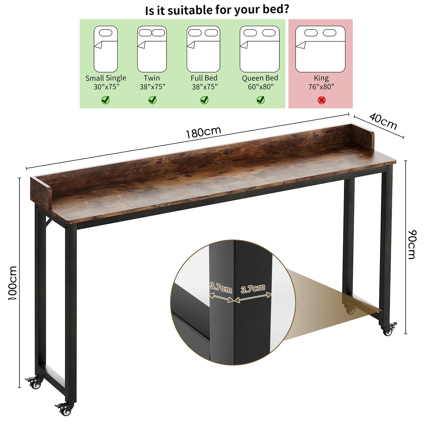 Clevich Overbed Table with Wheels, Queen Full Size Mobile Computer Desk, Standing Laptop Cart, Over Bed Table with Heavy Duty Metal Leg, for Bedroom 16" D x 71" W x 41" H (Brown)