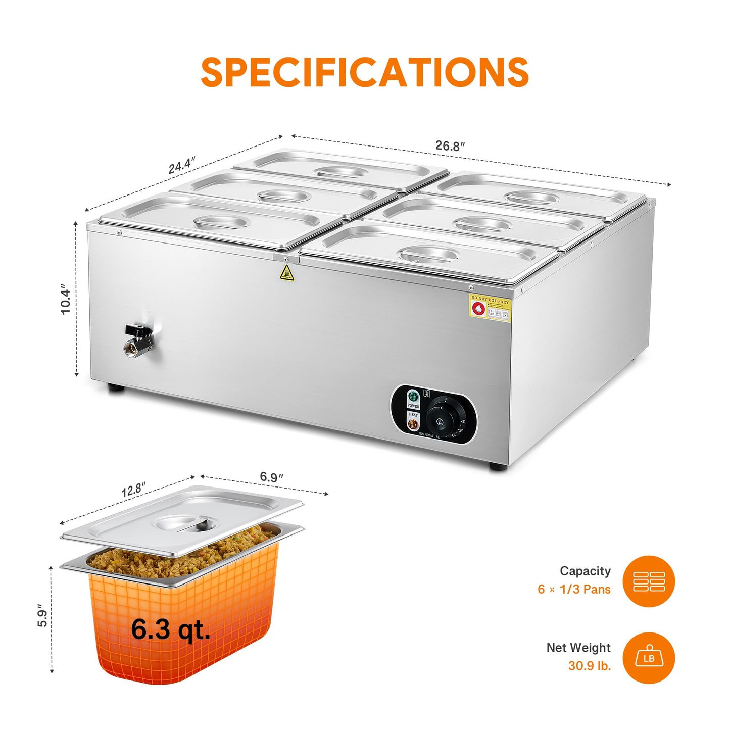 WILPREP Commercial Food Warmer with Six 1/3 Pans, 1500W Countertop Electric Warmer, 86-185°F Adjustable Temp Control & Over-Temp Protection, Stainless Steel Buffet Bain Marie